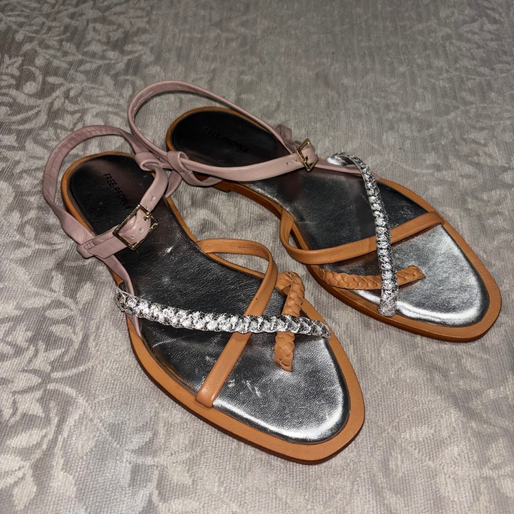 Free People Sunny Days Sandal Women 9 Silver Multi Strappy Leather Flat Shoes